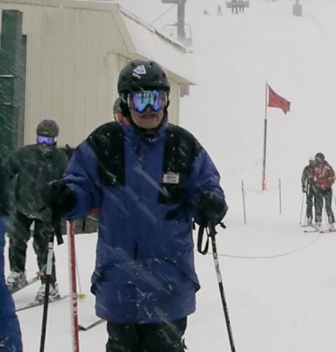 Man in ski jacket and goggles on skis on snowy mountain.