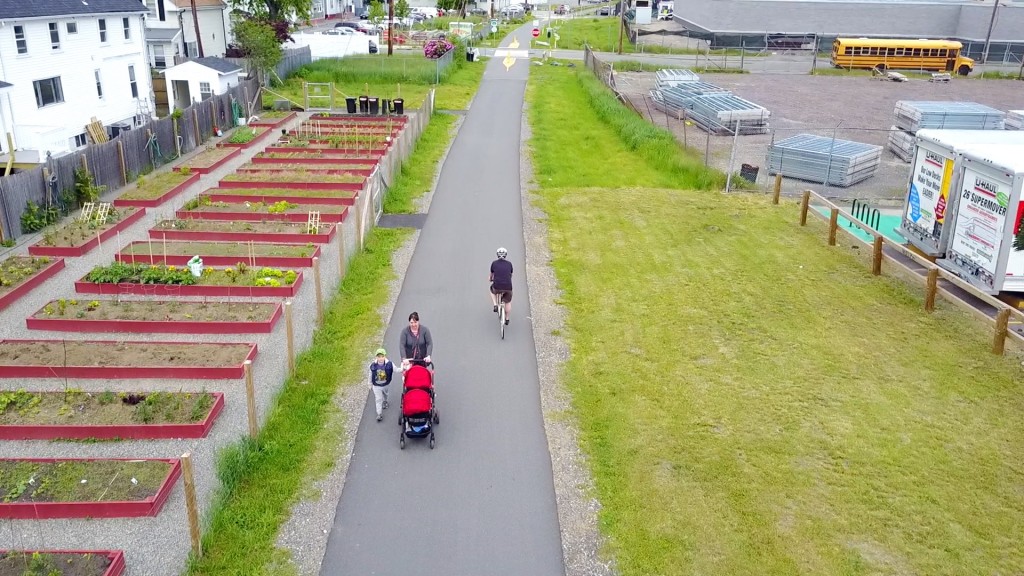 Aerial view of bike rider on a bike path.