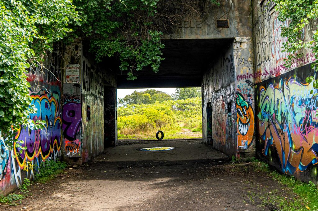 Grafitti-covered bunker opening with a tire swing in the middle.