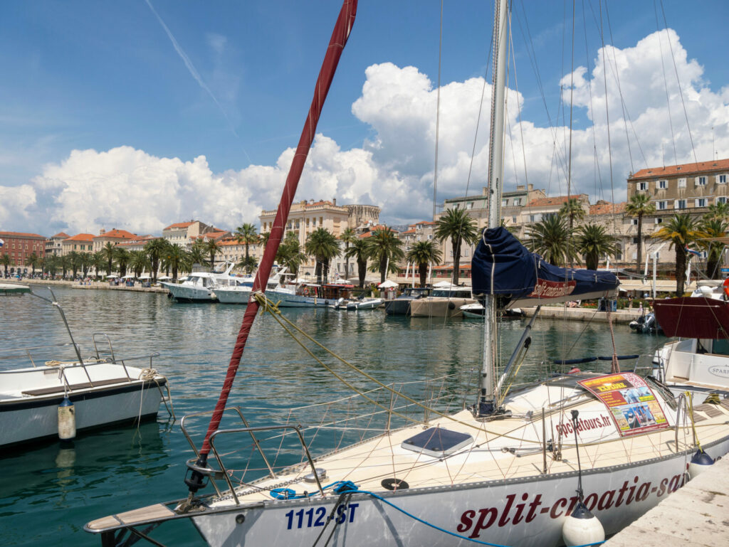 A sailboat docked in the water in Split, Croatia.