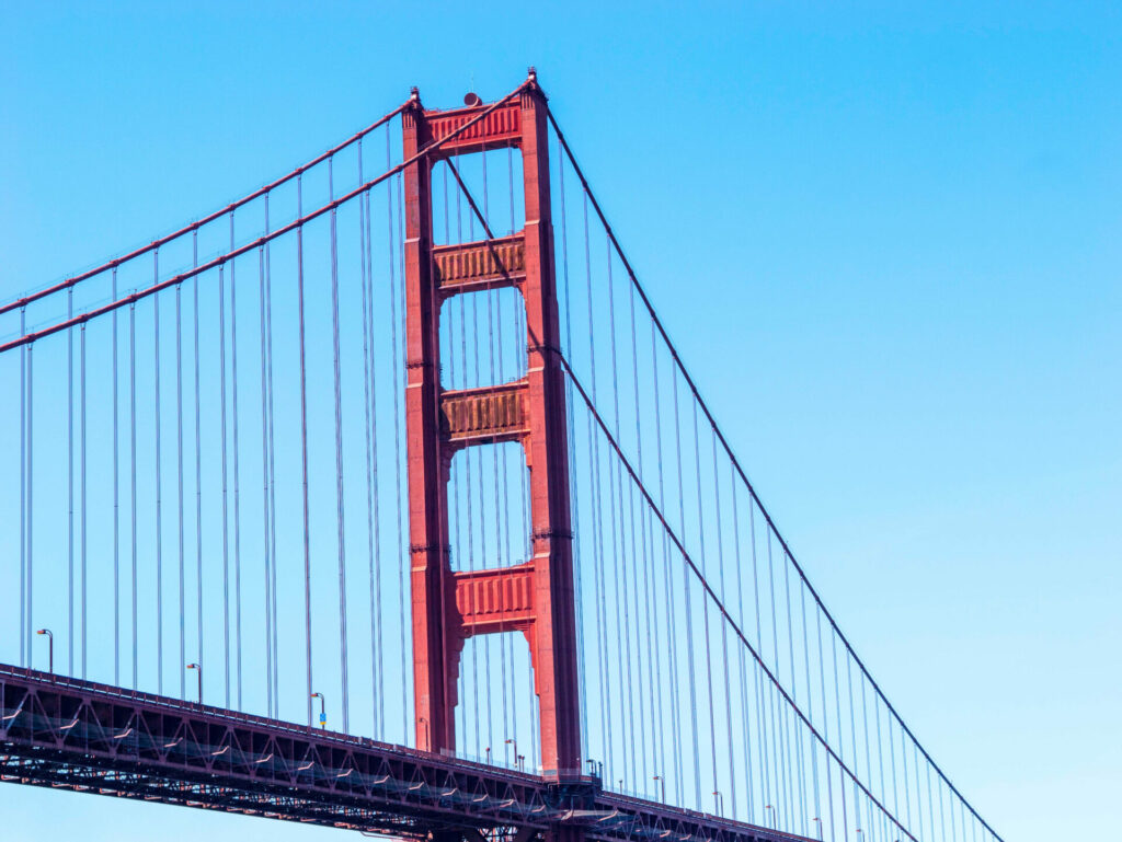 A closeup of a section of the Golden Gate Bridge in San Francisco.